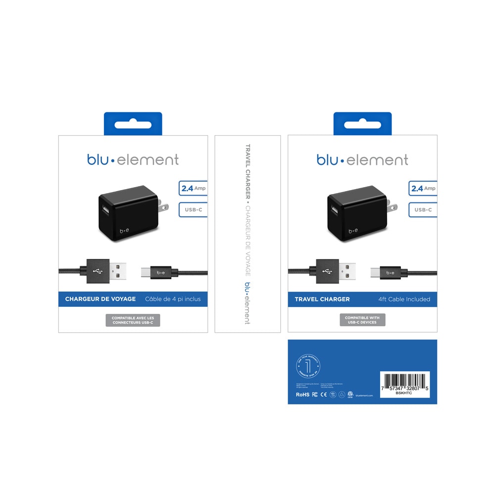 Wall Charger 2.4A with USB-C Cable Black