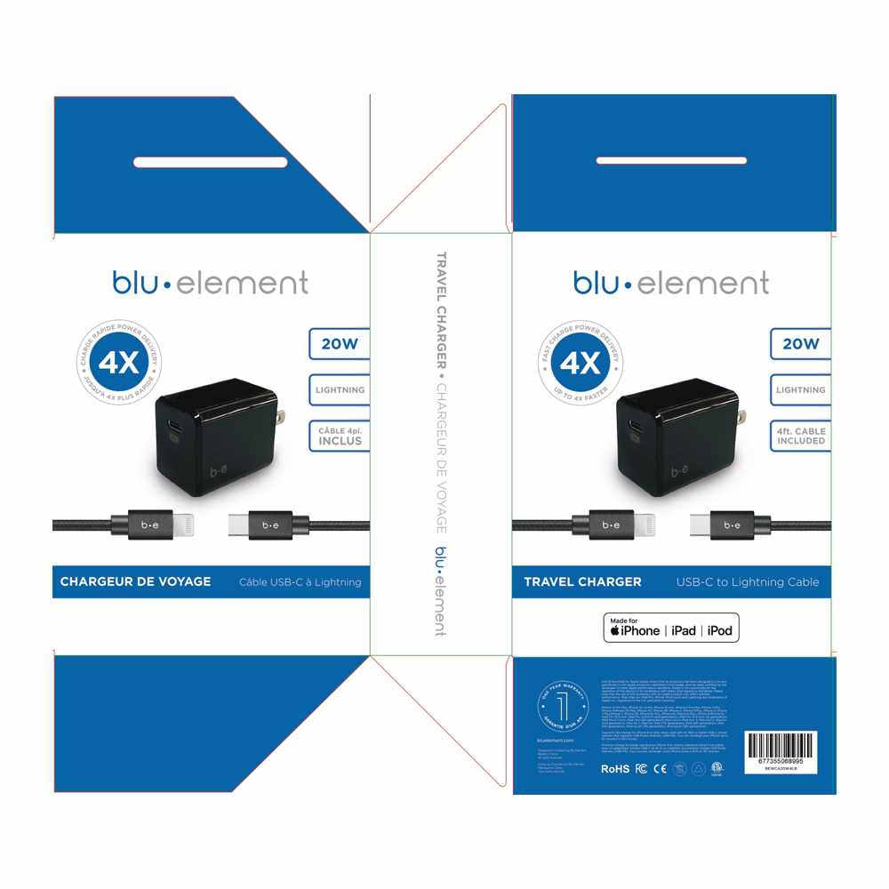 Wall Charger USB-C 20W PD with Lightning Cable 4ft Black Wall Chargers Blu Element