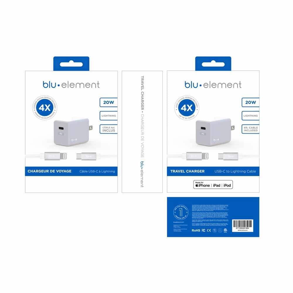 Wall Charger USB-C 20W PD with Lightning Cable 4ft White Wall Chargers Blu Element