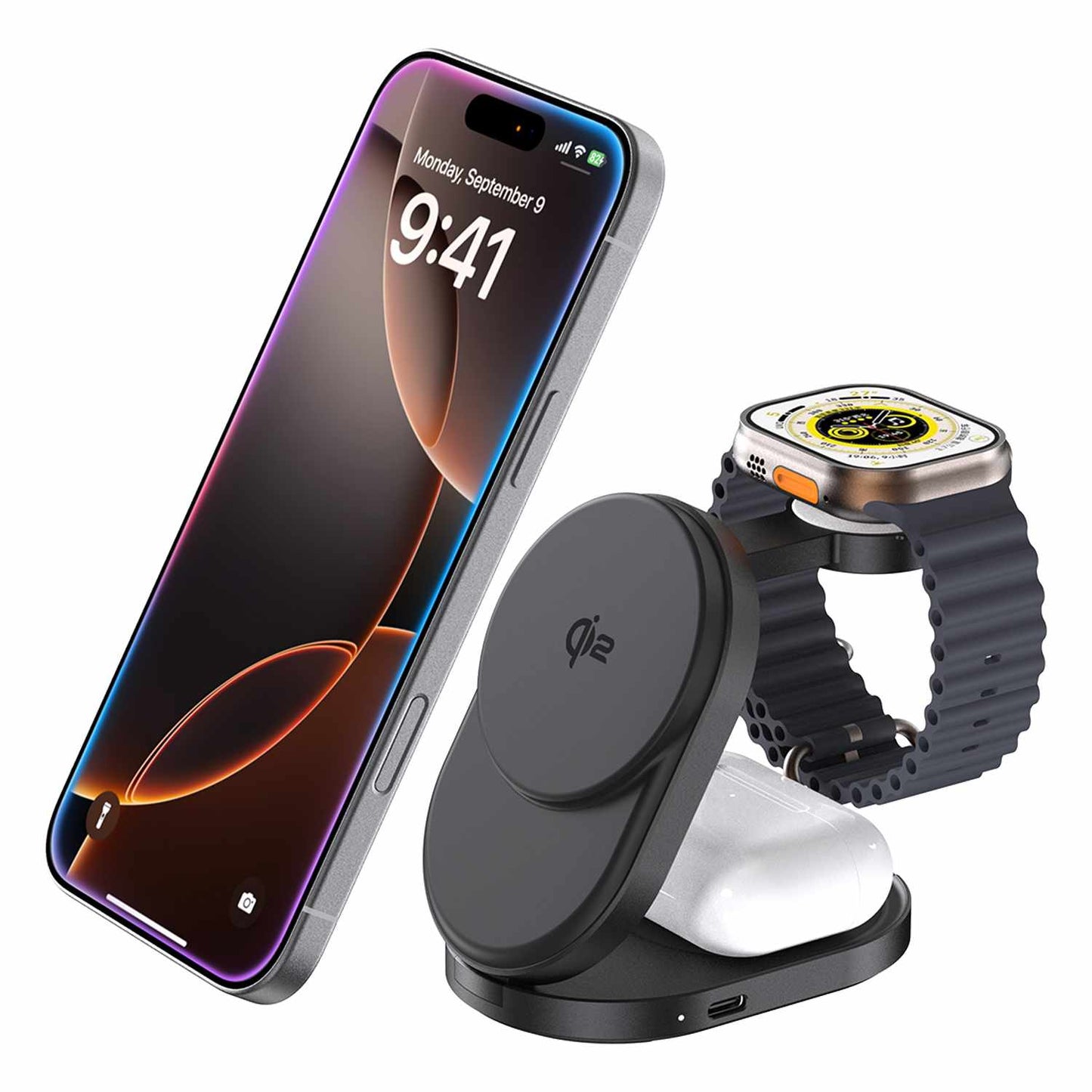 Qi2 3-in-1 Foldable Wireless Charging Stand 15W MagSafe-Compatible Black