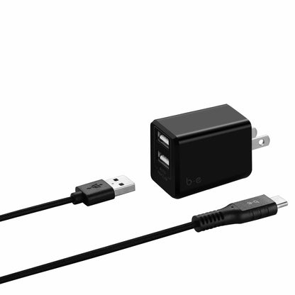 Wall Charger Dual USB 3.4A with USB-C Cable Black
