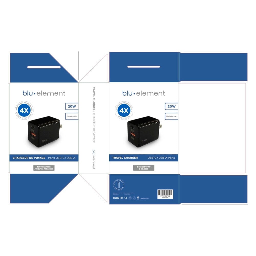 BEWCA20WB Wall Charger Dual USB-C 20W PD and USB-A Black Wall Chargers Blu Element 