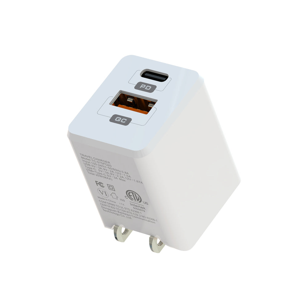 Wall Charger Dual USB-C 20W PD and USB A White
