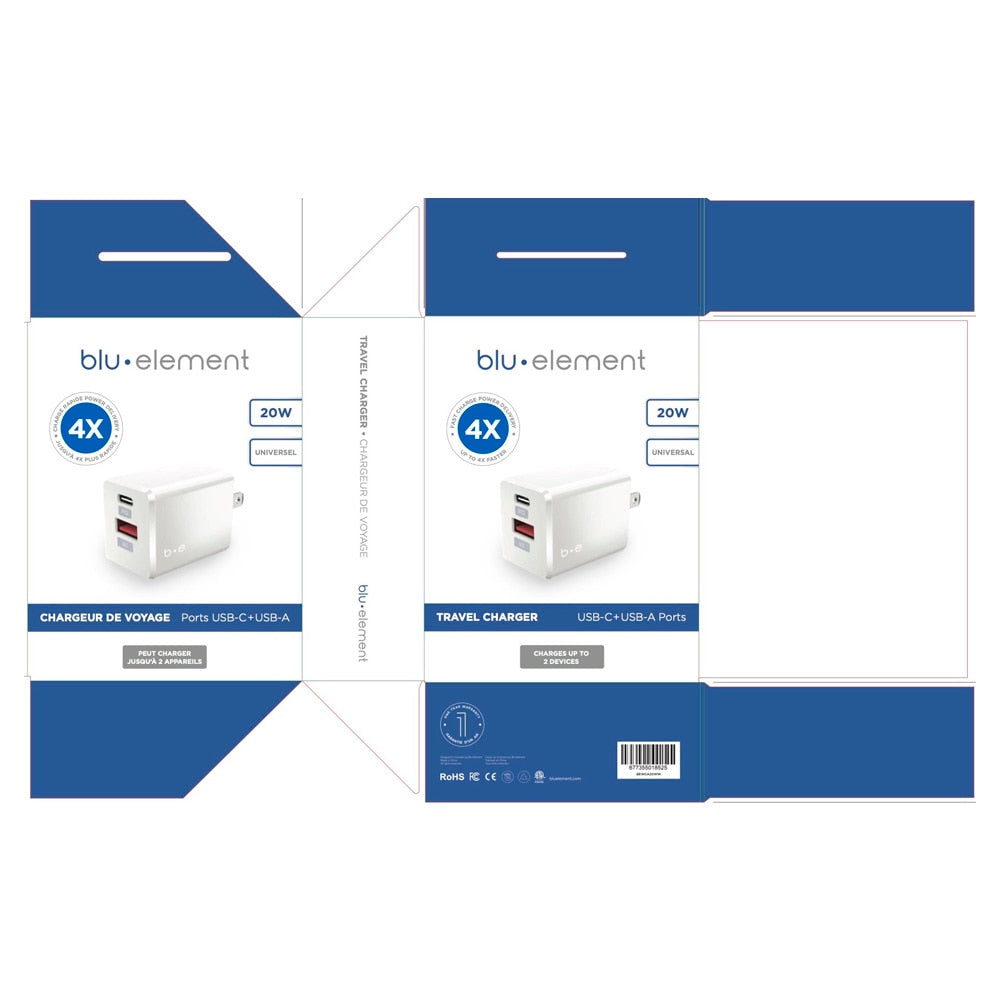 BEWCA20WW Wall Charger Dual USB-C 20W PD and USB A White