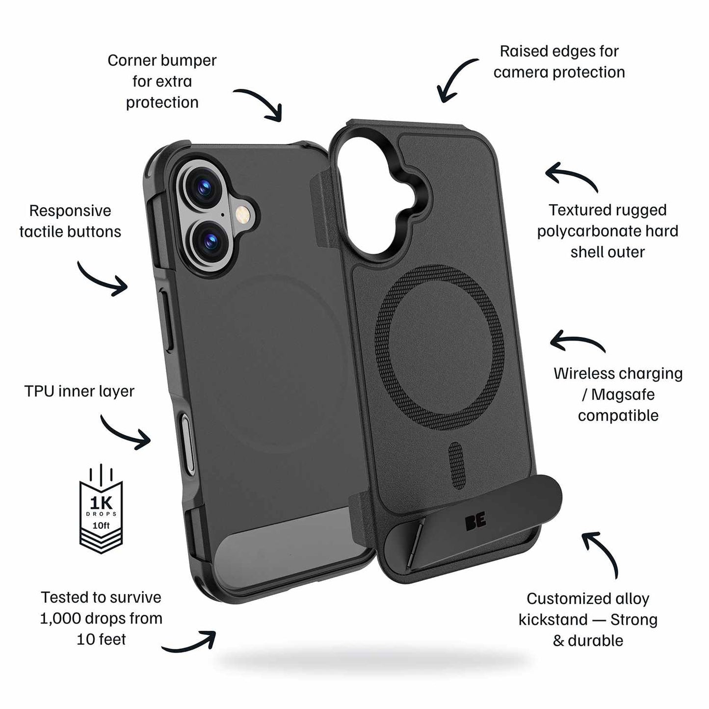 BEARUT16K Armour Ultra MagSafe w/Kickstand Case iPhone 16 Black
