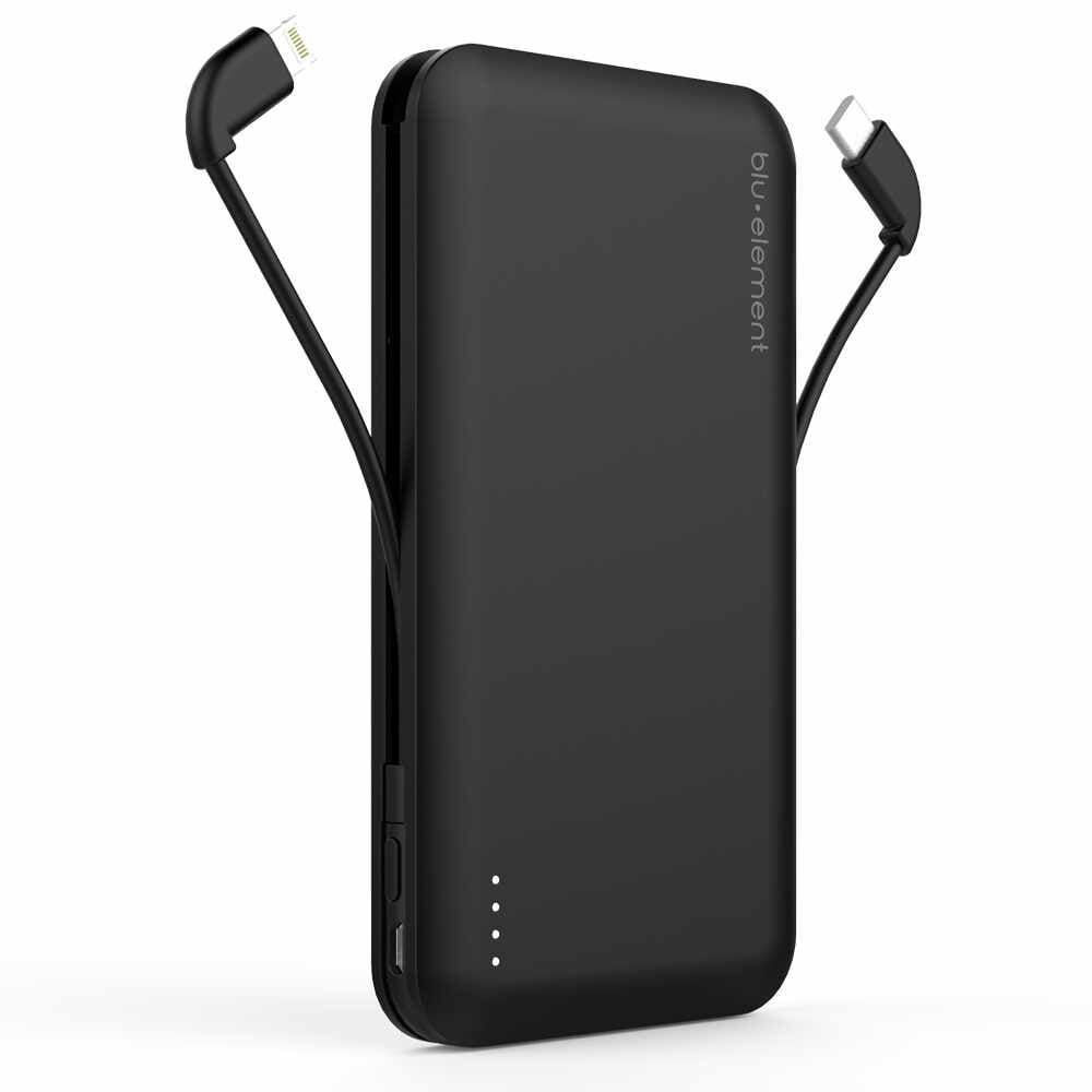 Portable Power 10000 mAh with Built in Lightning/Micro USB and USB-C Cables Black