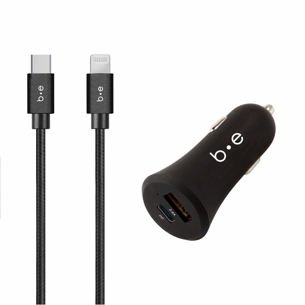 Car Charger USB-C Power Delivery 18W and USB-A QC 3.0 with USB-C to Lightning 4ft Cable Black