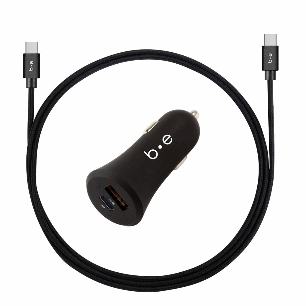 Car Charger USB-C and USB-A QC 3.0 Power Delivery 18W with USB-C to USB-C Cable 4ft Black