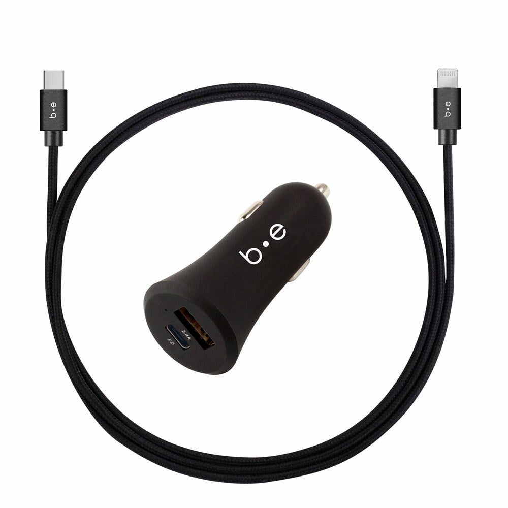 Car Charger USB-C Power Delivery 18W and USB-A QC 3.0 with USB-C to Lightning 4ft Cable Black